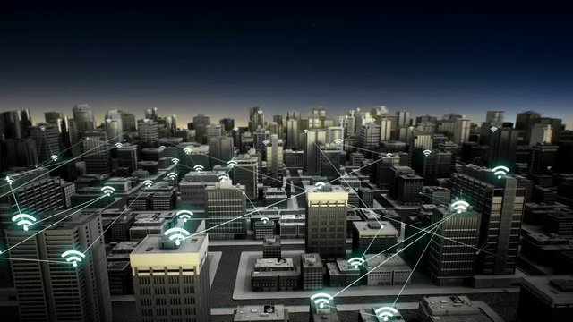 Wireless technology icon on Smart city, connecting INTERNET OF THINGS technology. night time, 4k animation.