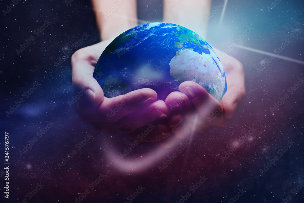 Aufkleber protect our world in human hands and nebula dust. mixed media .elements of this image furnished by n
