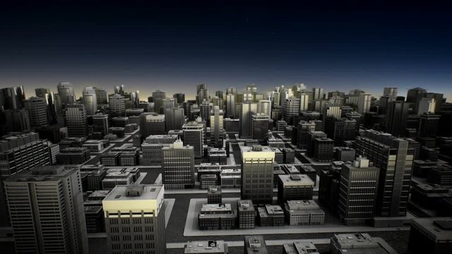 Moving around view of Smart city, night time. 4k animation.