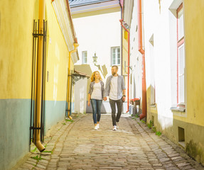 Couple have dating outdoor. Man and woman walking in a city streets. Love, relations and date concept.