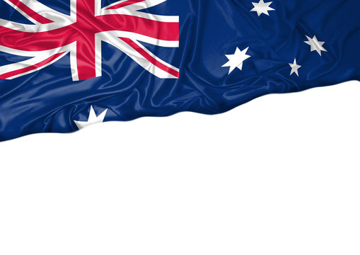 National flag of Australia hoisted outdoors with white background. Australia Day Celebration