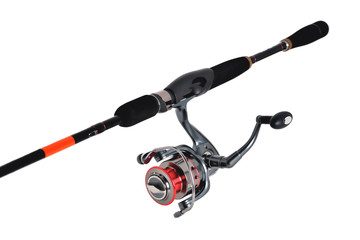 fishing reel on a fishing rod, white background close-up