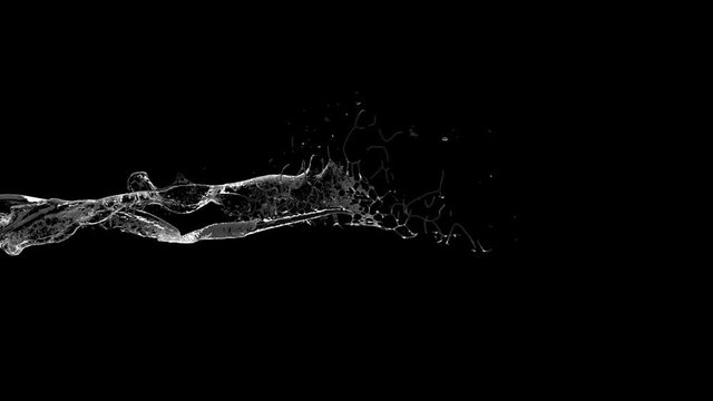 4k slow motion 3d vortex water flow with a splashes isolated on a black background with alpha matte