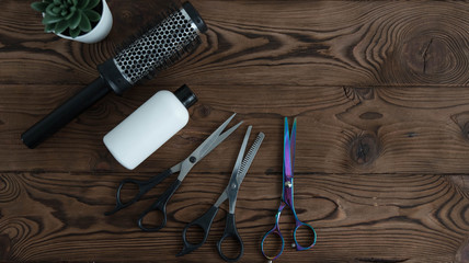 Professional hair dresser tools on wooden background  with copy space. Hair stylist equipment set....