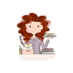 Red Hair Girl With Books Isolated On A White Background Hand Drawn Illustration