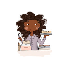 African American Girl With Books Isolated On A White Background Hand Drawn Illustration