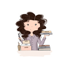 Brunette Hair Girl With Books Isolated On A White Background Hand Drawn Illustration