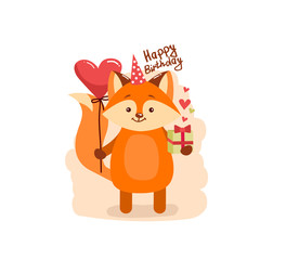 Cute cartoon lovely red fox with text happy birthday