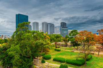 Fototapeta premium beautiful landscape of Osaka city with modern buildings and park, Japan, daytime, autumn