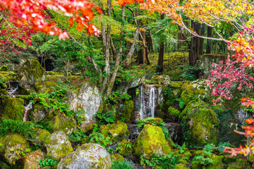 beautiful autumn scene with waterfall in park, Japan, nature background