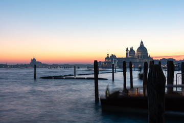 Night view of bacino San Marco and Santa Maria della Salute Basilica in Venice, Italy