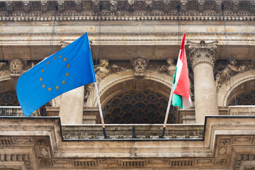 Hungary flag with EU flag in Budapest, Hungary, Europe