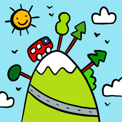 Camping hand drawn illustration with colorful landscape