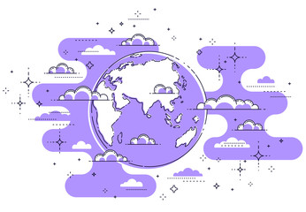Earth in the sky surrounded by clouds beautiful thin line illustration isolated over white background, vector.