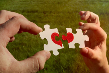 two halves of puzzles with a heart in the hands of people on the background of vegetation. love, relationships.