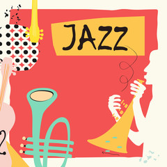 Jazz music festival poster with trumpet and violoncello flat vector illustration. Colorful music background with music instruments, live concert events, party flyer, brochure, promotional banner