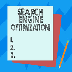 Writing note showing Search Engine Optimization. Business photo showcasing maximizing the number of visitors to a website Stack of Different Pastel Color Construct Bond Paper Pencil