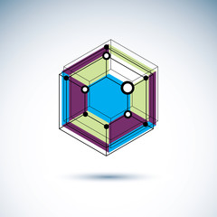 Technology corporate emblem. Abstract geometric 3D faceted object, digital science theme vector illustration.