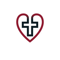 Love of God vector creative symbol design combined with Christian Cross and heart, vector logo or sign.