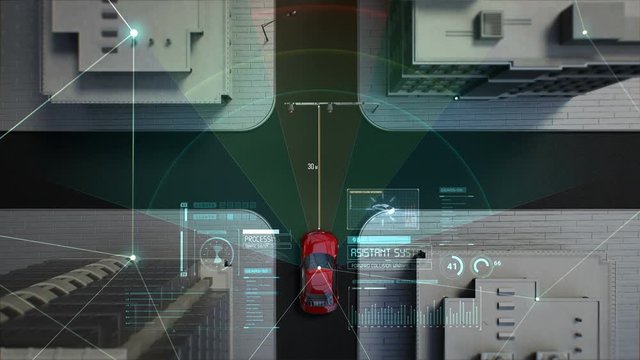 Autonomous driving car connect traffic information IoT, User interface in crossroad, top view, 4k animation.