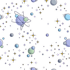 Fond d& 39 espace sans couture avec des planètes, des étoiles, des astéroïdes et des météores, tissu textile fantastique et époustouflant du cosmos profond non découvert pour les enfants, motif de carrelage sans fin, illustration vectorielle.