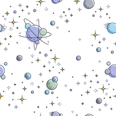 Gordijnen Naadloze ruimteachtergrond met planeten, sterren, asteroïden en meteoren, onontdekte diepe kosmos fantastische en adembenemende textielstof voor kinderen, eindeloos tegelpatroon, vectorillustratie. © Sylverarts