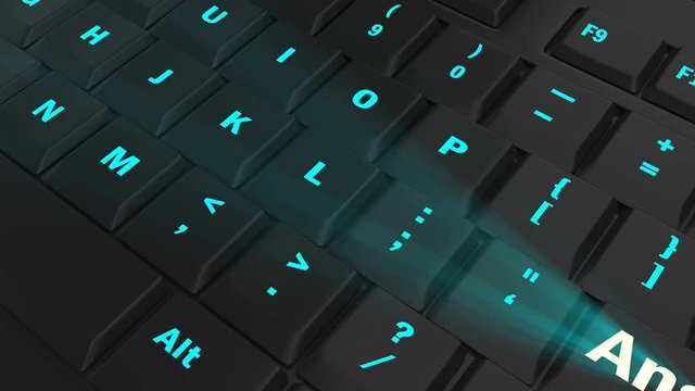 pointing the camera on blue glowing Answer key on black computer keyboard