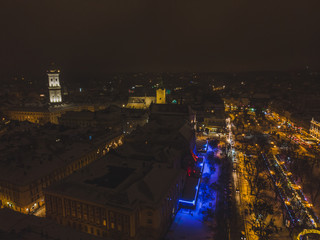 aerial view. sunset over old european city
