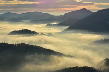 View across a forest valley with hills in fog mixed together in a misty landscape.