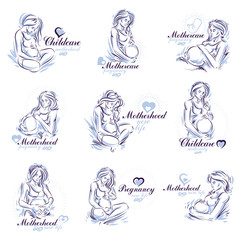 Pregnant woman elegant body silhouettes collection, sketchy vector illustration. Mother Day concept