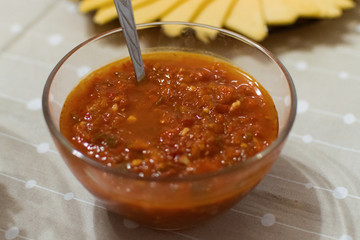 Satsebeli tomato ketchup sauce and paste with red hot chilly pepper, cilantro, garlic, vinegar, spices. Georgian traditional spicy food flavor used in many dishes in Ajaria and Megrelian regions.