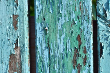 Old blue and green wooden background. Cracked wooden wall.