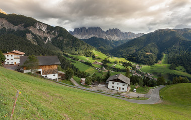 Fototapeta na wymiar Panoramic view on St. Magdalena in Val di Funes, Dolomites