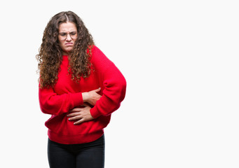 Beautiful brunette curly hair young girl wearing glasses and winter sweater over isolated background with hand on stomach because nausea, painful disease feeling unwell. Ache concept.