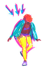 Brightly dressed dancer in motion. Illustration sketch painted in highlighter felt tip pen on clean white background