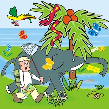 Man and elephant in tropical landscape. Funny vector illustration. Male, elephant, bird, snakes and butterflies. The man is on a scientific expedition.