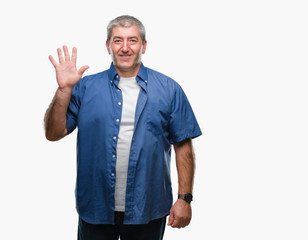 Handsome senior man over isolated background showing and pointing up with fingers number five while smiling confident and happy.