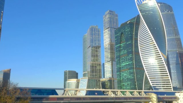 Skyscrapers of the Moscow business center on a sunny morning. Moscow City. 4K UHD video
