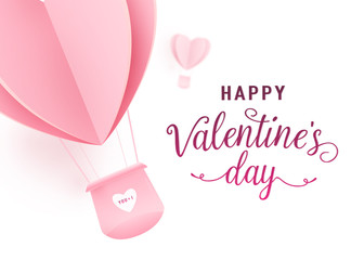 Happy valentines day vector design with paper cut pink heart shape hot air balloons flying on white background. Holiday greeting with love. Vector illustration