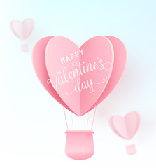 Happy valentines day vector design with paper cut pink heart shape hot air balloons flying on blue background. Holiday greeting with love. Vector illustration