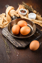 Fresh uncooked egg on a pan, stone or concrete background.