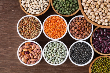Various assortment of indian legumes - beans, chickpeas, lentils, dal top view.