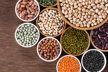 Various assortment of indian legumes - beans, chickpeas, lentils, dal top view.