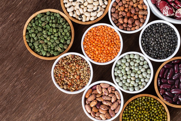 Various assortment of indian legumes - beans, chickpeas, lentils, dal top view.