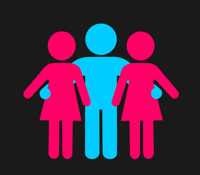 Polygamy and bigamy - polygamous and bigamous three people are together - love relationship between one man and two women. Open marriage - shared lover and spouse. Vector illustration