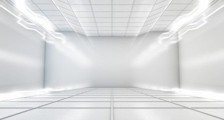 Modern Hi-Tech Empty Space Dark Room With White Color Neon Glowing Light Tubes.  Abstract Futuristic concept background. 3D Rendering Illustration