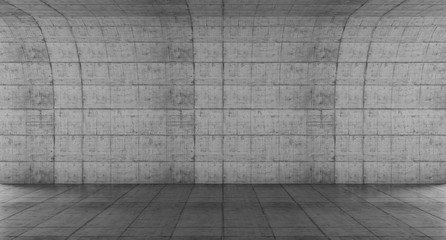 Empty concrete space with curve wall. Abstract Modern blank showroom with floor. Future concept background. 3d rendering.