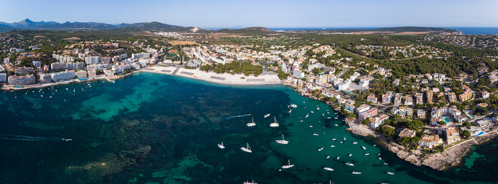 Aerial view, view of Santa Ponca and the marina, behind the Serra de Tramuntana, Mallorca, Balearic Islands, Spain © David Brown