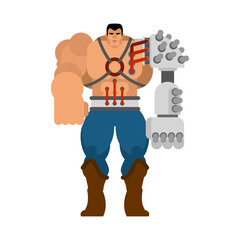 Cyborg man with iron cybernetic hands robot. Humanoid mechanism. mechanical technology robotic skeleton. Iron suit