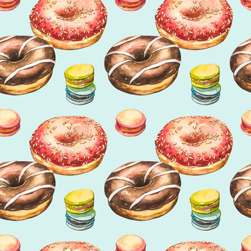 Donut watercolor illustrations isolated on white background. Seamless pattern with colorful donuts with glaze and sprinkles.